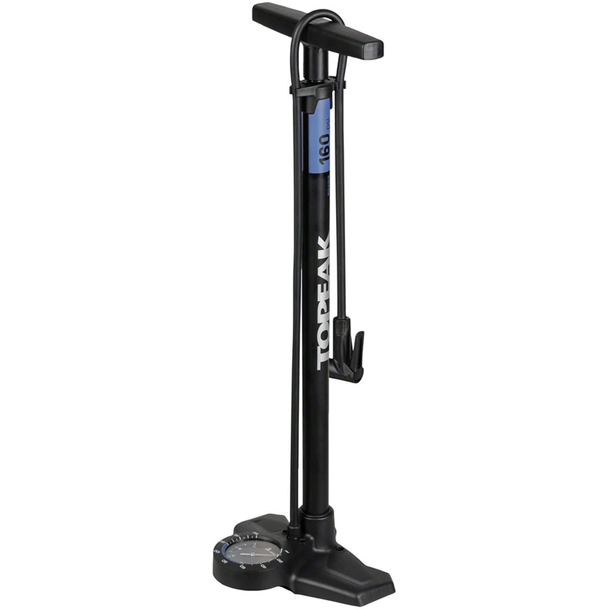 Joeblow Roadie Ex Floor Pump - Steel Barrel / Plastic Base, 3.5" Base Mount Gauge, 160 Psi /11 Bar, Smarthead, Black/Blue