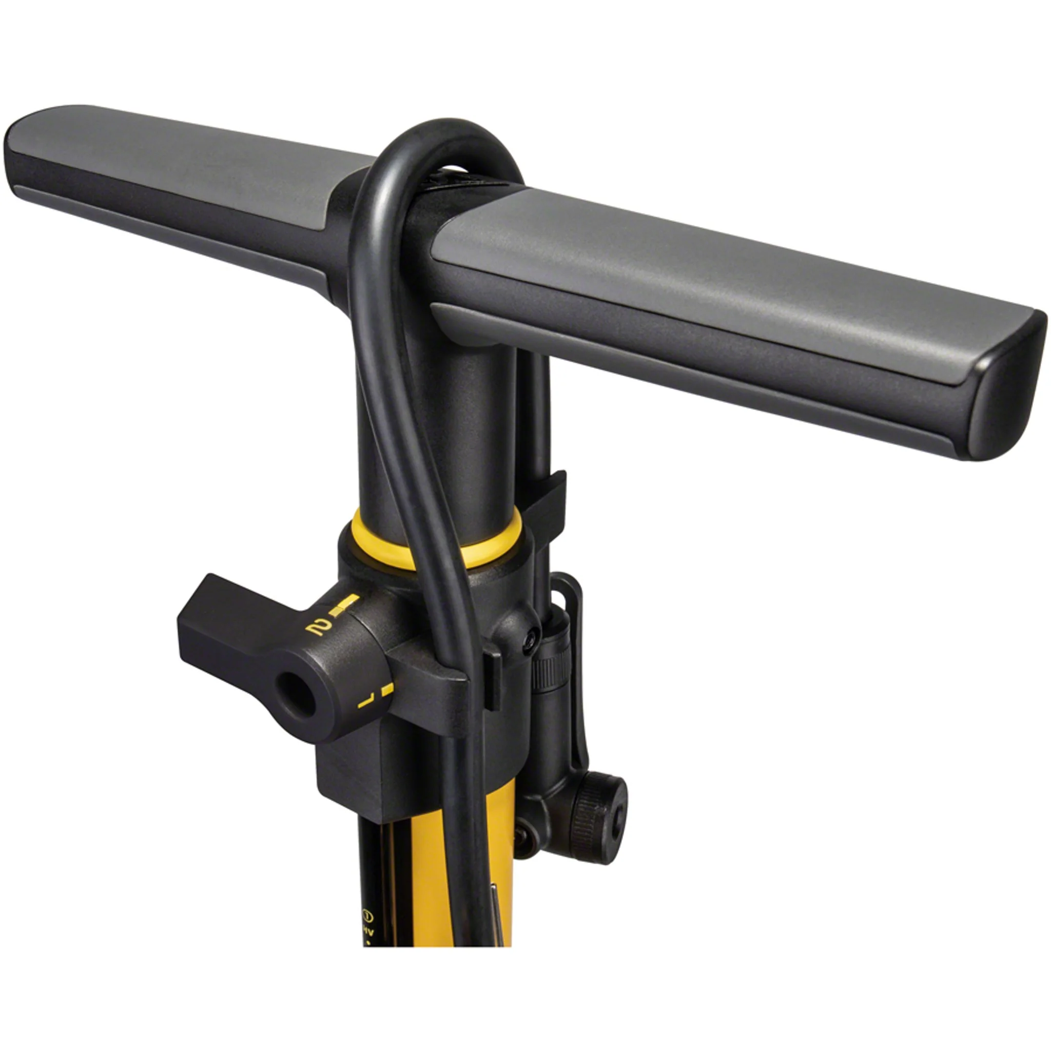 JoeBlow Sport 2Stage Floor Pump - 160psi / 11bar 3" Gauge, 2-Stage Switch and Pressure Gauge, TwinHead DX5, Yellow/Black - Image 2