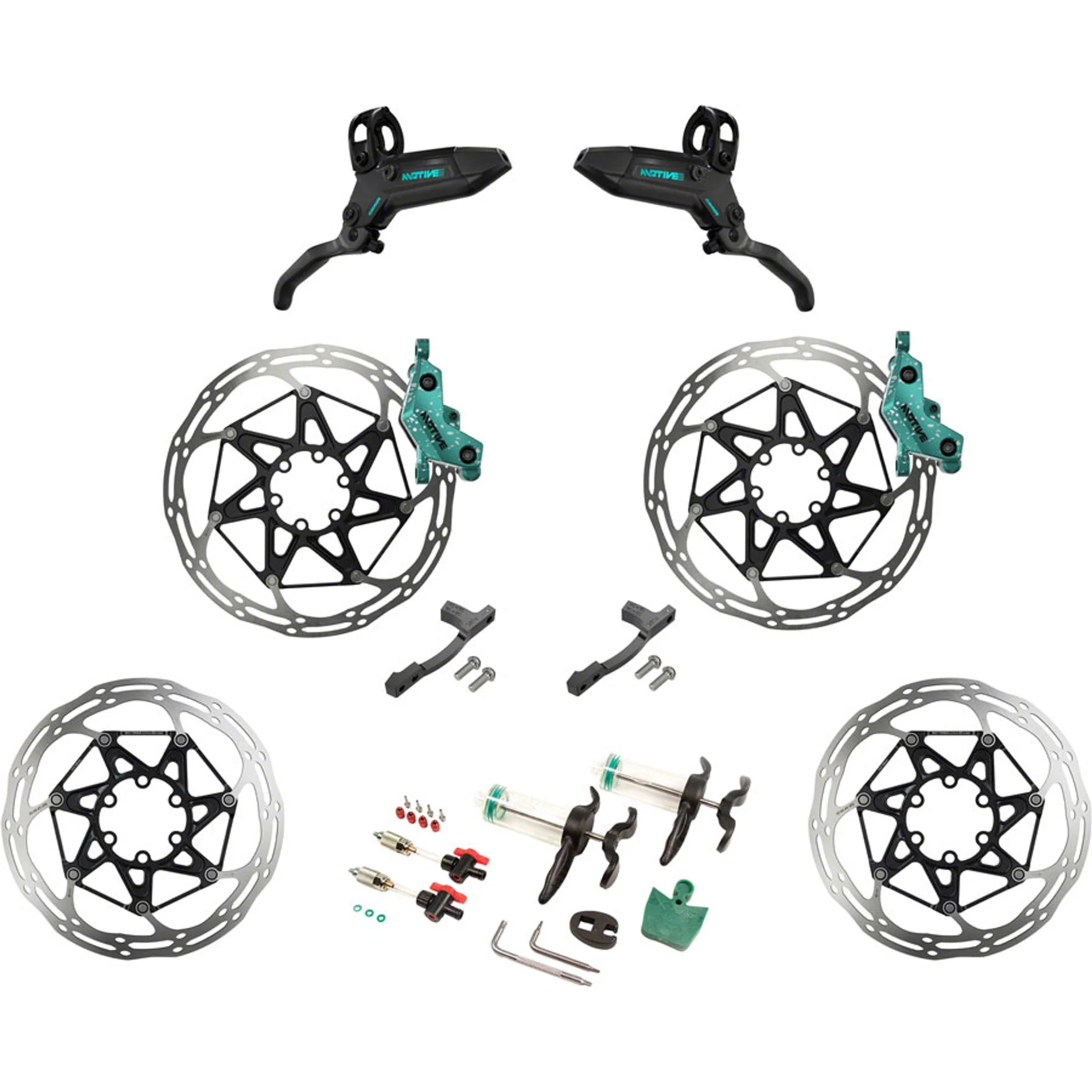 Motive Ultimate Stealth Expert Disc Brake Kit - Front/Rear Levers, Front/Rear Teal Splatter Calipers, Adapters, Rotors, Bleed Kit, A1